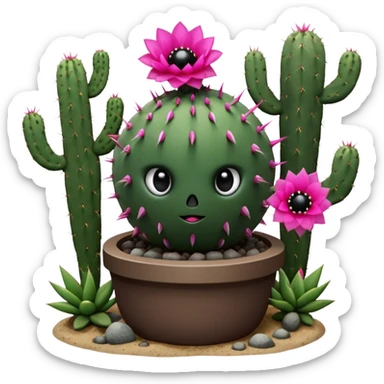 Cactus is a spherical dark green cactus with several white spikes protruding out of its surface, it has 2 eyes with huge pupils and highlights above it is a bright pink flower. Behind the Cactus is a stem holding a smaller cactus base appearing as a catapult sticker