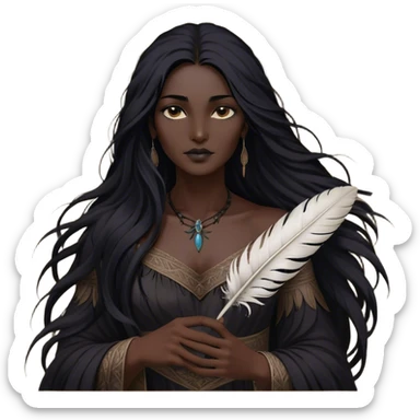 Cinematic Realistic Pocahontas Portrait, depicted with lifelike skin texture, soft natural lighting, and intricately detailed long, flowing raven-black hair that moves gracefully in the wind. Her deep, soulful dark brown eyes exude wisdom and strength, complemented by a serene yet powerful expression. She is shown gently holding a feather in one hand, her other hand resting lightly at her side, embodying the harmonious balance between nature and herself. She is dressed in her classic one-shoulder native American dress, with rich fabric textures and delicate beaded details that catch the light beautifully. The portrait features a soft, sun-kissed glow with a natural, radiant finish, capturing the essence of untamed beauty and deep connection to nature in a realistic and painterly style, evoking a sense of depth and authenticity. sticker