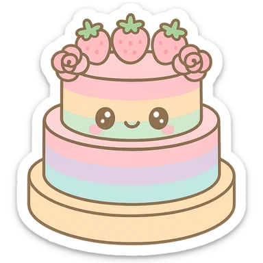 pastel rainbow wedding cake with strawberries, pink roses, no topper, kawaii style sticker