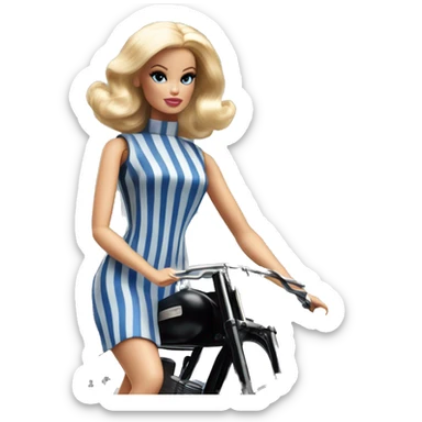 Blonde Silkstone Barbie enid sinclair from academy in a blue and black vertically-striped classic dress. riding hot rod bikes with crows sticker