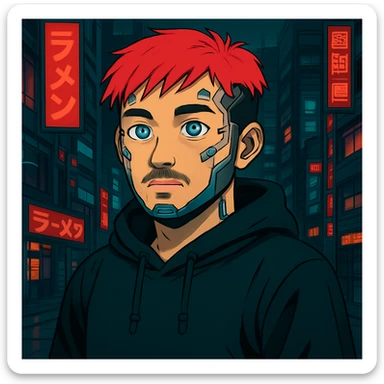 Add cybernetic implants to the Asian man, make the eyes a bit bigger, keep round face, less mustache, a bit of beard, red hair, black hoodie, Japanese cyberpunk anime style, futuristic city background sticker