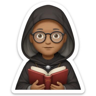 Monk priest prayer black habit with hood round black glasses done light brown wavy hair under hood remove the medallion smaller more round glassed age 46 no necklace more oval face hand holding book that says RB 480 top left is great add a little hair brown gray under hood  sticker