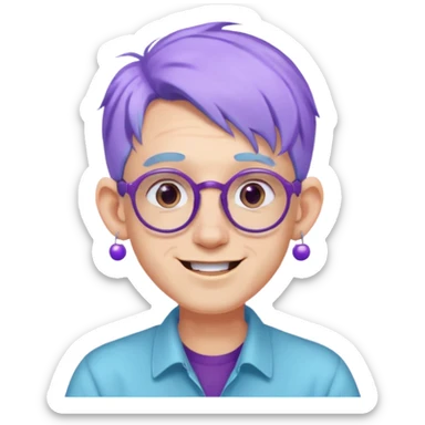 light blue haired man mid length hair with big ears and purple earrings and spectaclesi happy sticker