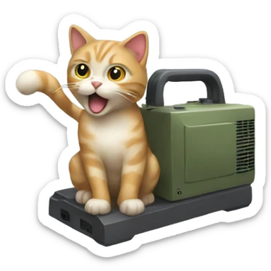 A cat powered by a generator with an army attacking it. sticker