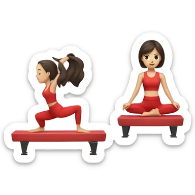 girl with dark brown hair wearing a red yoga set doing pilates on a reformer sticker