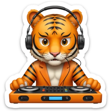 Un tigre enfadado con una mesa de dj . Lo quiero más profesional con unos audífonos y cara de astuto  sticker