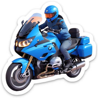 blue BMW RT1200 touring motorcycle with rider on open road sticker