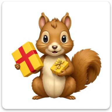 a squirrel holding a yellow gift box in one hand and a Swiss flag in the other, both objects clearly visible, simple white background, the gift is a different color from the flag sticker