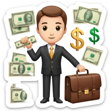 financial expert with business suit, briefcase, charts and money symbols sticker