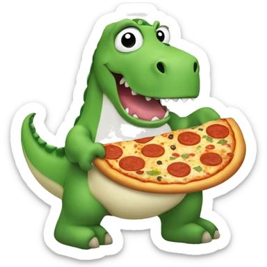 Green dinosaur eating a pizza whilst wearing pyjamas and fluffy white slippers sticker