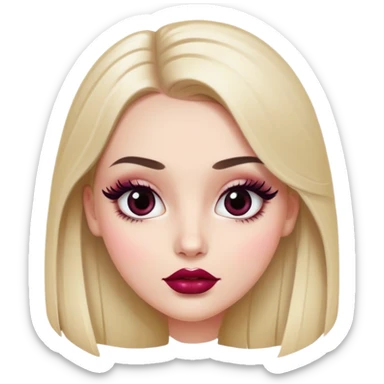White girl with oval face, huge round black eyes, big eyelashes, berry colored lips, shiny full lips, face closeup, long straight middle-parted hair sticker