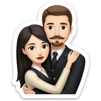 married couple portrait, tall white man with brown hair goatee mustache embracing a pale woman with long black hair, wearing formal clothing sticker