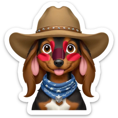 mostly black with some brown long hair daschund with a cowboy hat, ears curl out a bit and bandana and tongue slightly out sticker