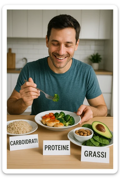 uomo che fa alimentazione attraverso i giusti macronutrienti. Scritte in ITALIANO immagine 4k realistica sticker