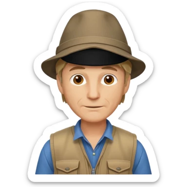 create an emoji of an adult man with wrinkles and a adventurer hat (Indiana. jones style), he has extremely short dark blonde hair, brown eyes and a light brown adventure vest sticker