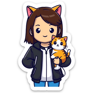 A brown straight-haired girl wearing black jacket with cats sticker