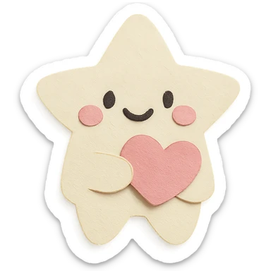 Smiling pastel white star clutching a small pastel heart, no arms or legs, full body, transparent background, in kawaii paper craft style. sticker