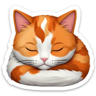 Meme-Worthy Cute Sleeping Calico Cat Portrait Emoji, Head resting peacefully with a content, gentle smile and softly closed eyes, featuring a delicate patchwork fur in vibrant orange, black, and white hues, simplified yet irresistibly endearing, highly detailed, glowing with a soft, drowsy radiance, high shine, exuding relaxed and utterly lovable charm, styled with a gentle, soft glowing outline, capturing the essence of a sleeping calico cat that appears destined to become a viral icon of adorable rest! sticker