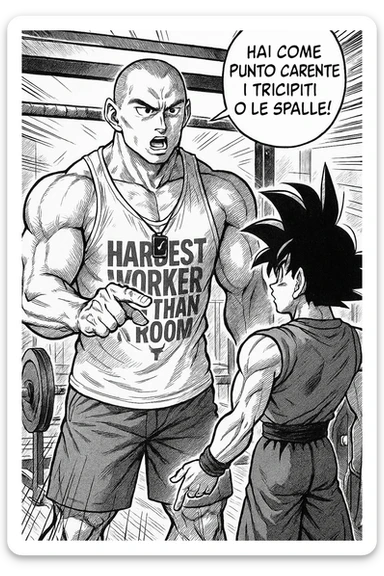 Personal trainer che dice al suo allievo, "hai come punto carente i tricipiti o le spalle!" Stile manga di Dragon Ball sticker