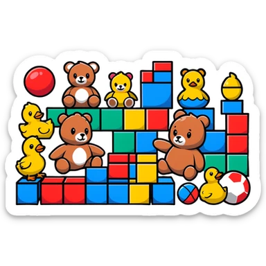 Colorful toys scattered together - teddy bear, rubber duck, toy blocks, ball, and action figures sticker