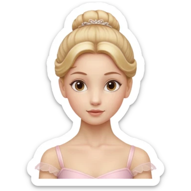 Cinematic Realistic Ballerina Portrait, depicted with lifelike skin texture, subtle rosy undertones, and soft natural lighting that enhances the gentle contours of her face. Her intricately detailed golden blonde hair is elegantly styled in an updo, sticker