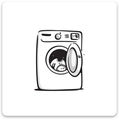 washing machine with bubbles and clothes peeking out, doodle style sticker