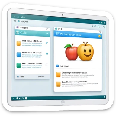 Create a professional emoji for UX/UI design. Show a program interface with two windows: one displaying HTML code, and the other showing the completed web interface. Use modern, professional colors. Do not include any emojis or smiley faces. Make the background transparent. sticker