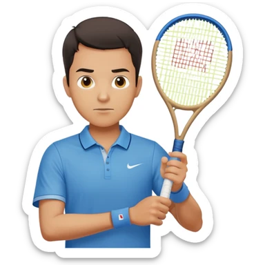 male tennis player emoji inspired by Hugo Dellien, short dark hair, neutral expression, blue shirt, holding a tennis racket sticker