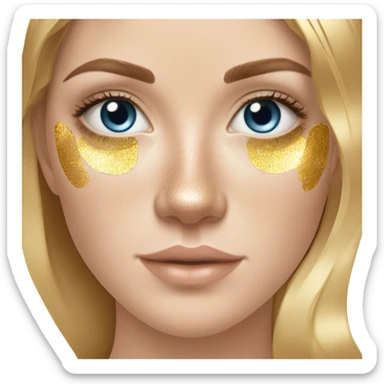 white girl with freackles, brunett hair ,blue eyes girl using Gold gel skin care patches under her eyes sticker