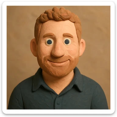 Create a claymation-style portrait emoji based on the person in the reference image, looking a bit younger with a friendly expression. Use pastel colors and ensure visible clay texture. Focus on head and shoulders only. sticker