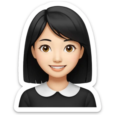 30 yr old asian woman center parted hair big eyes big smile tanned skin straight black hair hippie part hair white blouse shoulder length hair middle parted hair few short bangs at front sticker