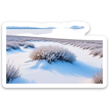Cinematic Realistic Tundra Emoji in a wooden frame, Vast and cold, with wide expanses of snow-covered ground, sparse grasses poking through, and the occasional hardy shrub breaking up the pale white landscape. The sky above is a pale, frosty blue, and the light reflects off the snow, creating a serene yet starkly beautiful environment. Soft glowing outline, capturing the essence of a quiet, still, frozen wilderness where life endures despite the harsh conditions. sticker