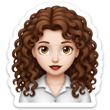 a girl with white skin, long brown curly hair, a mischievous and somewhat cool face, wearing white or black clothes sticker