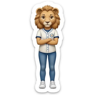 friendly anthropomorphised female lion wearing a baseball shirt, jeans, trainers, standing upright with arms folded, looking very determined sticker