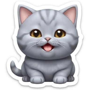 Cinematic Cute Grey British Shorthair kitten Portrait Emoji, Head tilted playfully and yawning, round and plump body with sleek soft grey fur and subtle blue undertones, Simplified yet adorable features, highly detailed, glowing with a warm, friendly glow, high shine, curious yet calm, stylized with a touch of whimsy, bright and endearing, soft glowing outline, capturing the essence of a mischievous yet loving and lazy kitty, so cute it feels like it could stretch out of the screen and cuddle! sticker