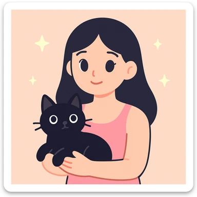 pretty woman with black hair and brown eyes, wearing a pink tank top, holding a black cat, friendly and appealing style sticker