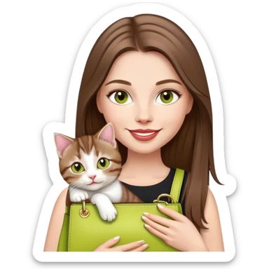 White Woman with super long straight brown hair, rosy lips, chartreuse eyes, cute happy smile holding a white and brown tabby kitten, wearing a black purse sticker