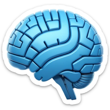 3D blue style icon representing artificial intelligence, stylized brain with digital circuit patterns, futuristic and clean, no text/letters/acronyms. No background. sticker