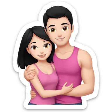 a pretty bratz fair girl. black hair, wearing a pink cami top, she is hugging a handsome fair guy with black hair. lean but muscular.the boy is wearing a black tshirt sticker