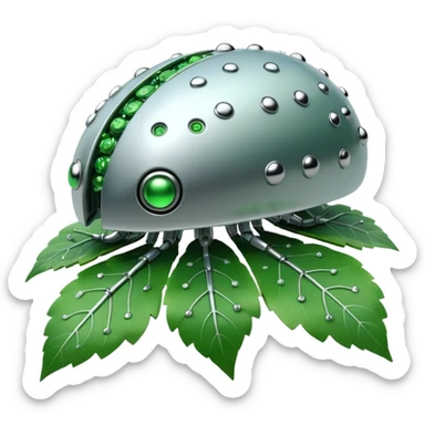 3D render of Nanobot Cloud, futuristic cyborg aesthetic, fusion of organic skin and chrome metal, swarm of tiny silver dots eating a green leaf, isolated on white background --v 6.0. sticker
