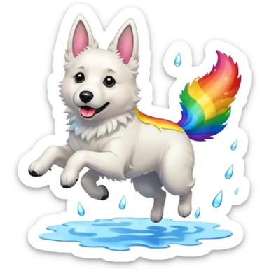 White belgian Shepard jumping over Rain puddles. There is a rainbow in the sky sticker
