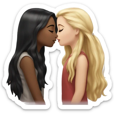 A girl kissing another girl on the cheek, both are blushing. They both have white skin and long black hair sticker
