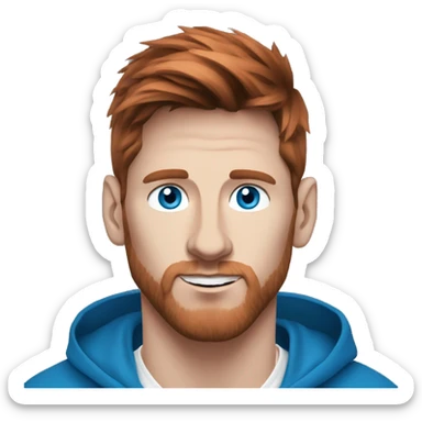 messi with a blue goat, blue eyes, puma hoodie, reddish hair sticker