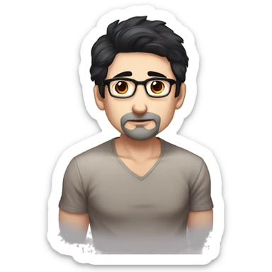masterpiece, anime style, chibi, illustrated logo, emote for twitch of a 46 year old man, oval face, black hair, wrinkles on forehead, brown eyes, white skin, inky shirt, short hair, glasses, working in his computer
 sticker