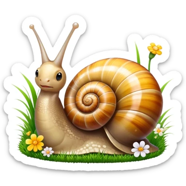 Close-up of large home snails inside a terrarium, showcasing their soft, spiral shells and glistening bodies, with a gentle light highlighting their details. With stones and grass and flowers. Transparent background. sticker