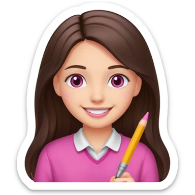 smiling long brunette hair girl with hazel eyes wearing pink writing sticker