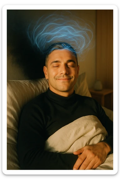 A cinematic image of a man in his mid-30s lying in bed, just waking up from deep sleep. His expression is calm and visibly transformed — a sense of inner peace, relief and subtle joy on his face. Soft morning light enters the room, casting gentle golden tones over his features. His eyes sono ancora semi chiusi, ma il viso è disteso, come se un grande peso fosse stato rilasciato durante la notte. Accanto a lui, simbolicamente sfocato, un’ombra o un alone scuro si dissolve, rappresentando il malessere notturno superato. Intorno alla sua testa, leggere onde di luce azzurra o bianca simboleggiano l’attività cerebrale rigenerativa della fase REM. La camera è ordinata, minimalista, con materiali naturali. L’atmosfera è serena, rigenerativa, intima. Shot in 35mm film style, high realism, shallow depth of field, warm highlights and clean shadows. sticker