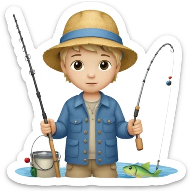 Little boy on the dock fishing, felt texture, scrapbooking, precious moments style character sticker