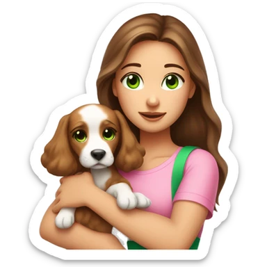 Pretty girl with long brown hair with green eyes and long lashes holding a very cute puppy show her whole upper body and let her wear a cute pink top sticker