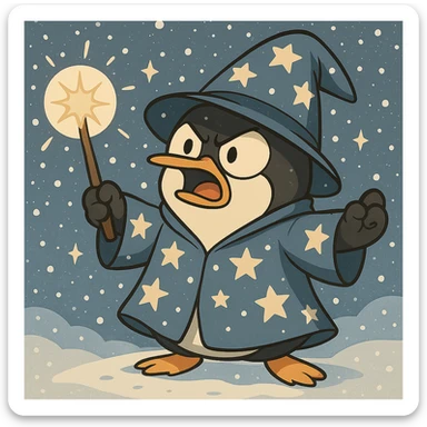 Add a snowy background behind the penguin wizard, keeping the cartoon style. sticker